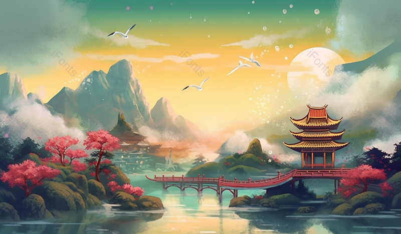新中式山水意境手绘风景插画,插画/手绘图,插画/手绘图库,插画/手绘图下载,插画/手绘